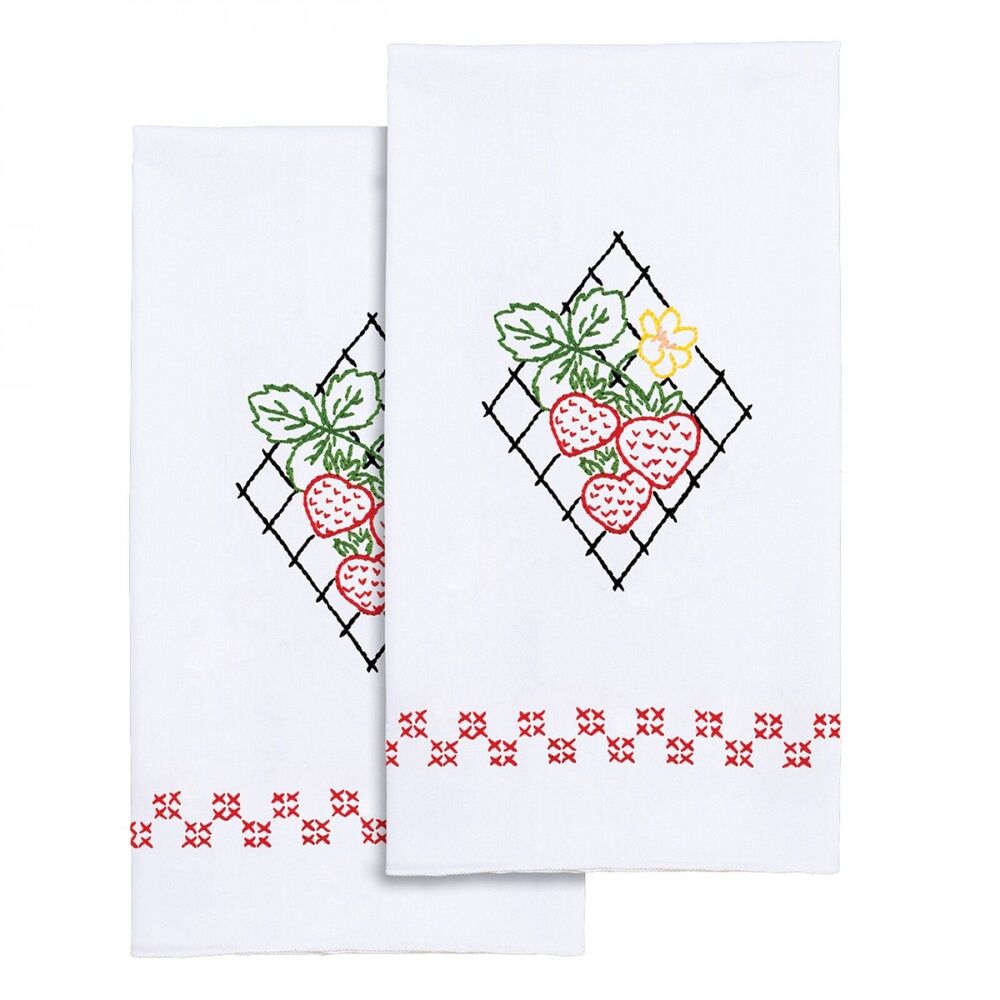DIY Jack Dempsey Strawberries Stamped Embroidery Pair Guest Hand Towels